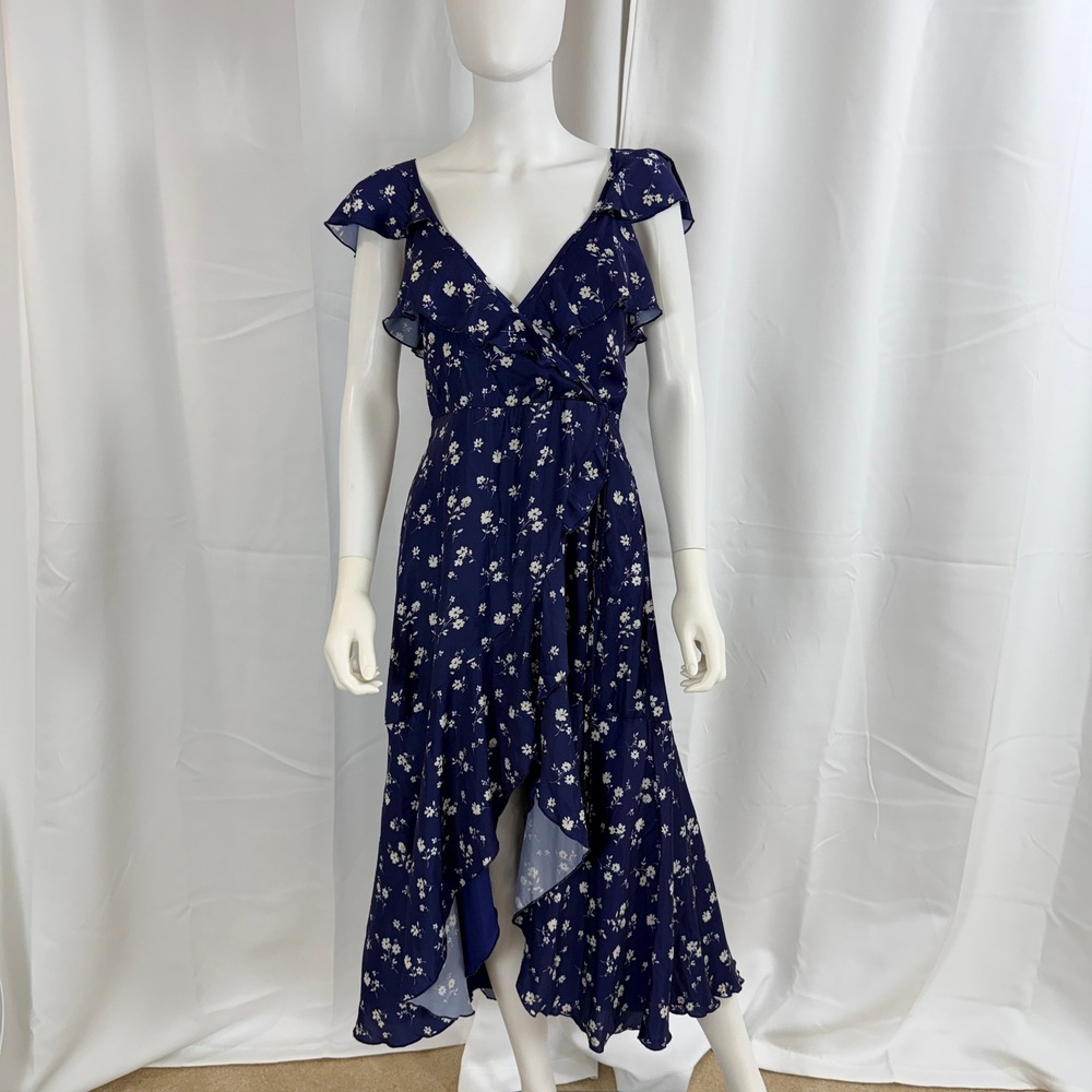 Altar'd State Wrap‎ Dress M Navy Blue Floral High Low Ruffle Flutter Sleeve NWT